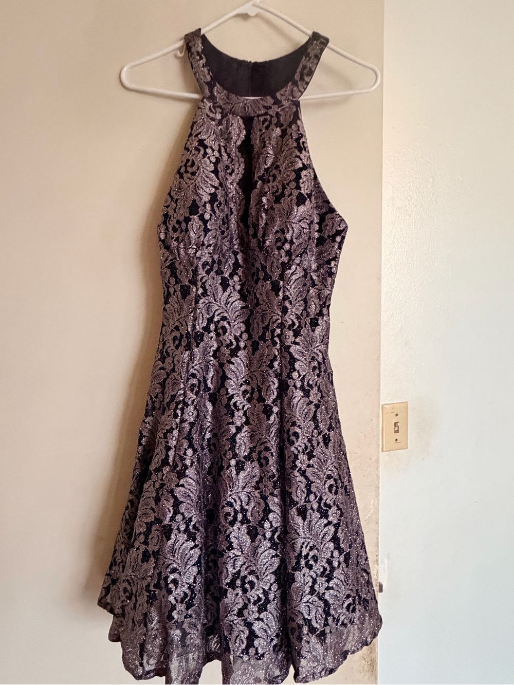 Sleeveless Black Lace Fit & Flare Dress with Silver Floral Overlay
